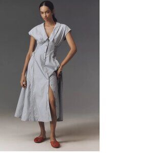 By Anthropologie Short-Sleeve V-Neck Pleated Midi Dress XXS 2XS new blue